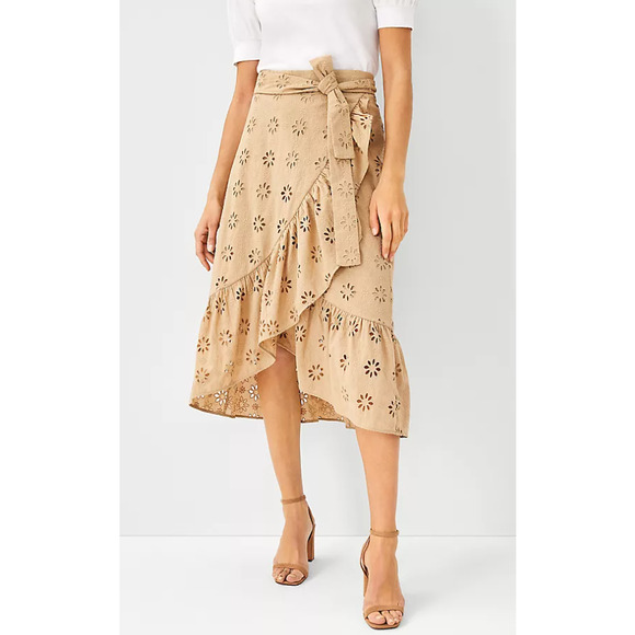 Ann Taylor Dresses & Skirts - Ann Taylor Floral Eyelet Flounce Ruffle Summer Bohemian Cotton Modest Midi Skirt